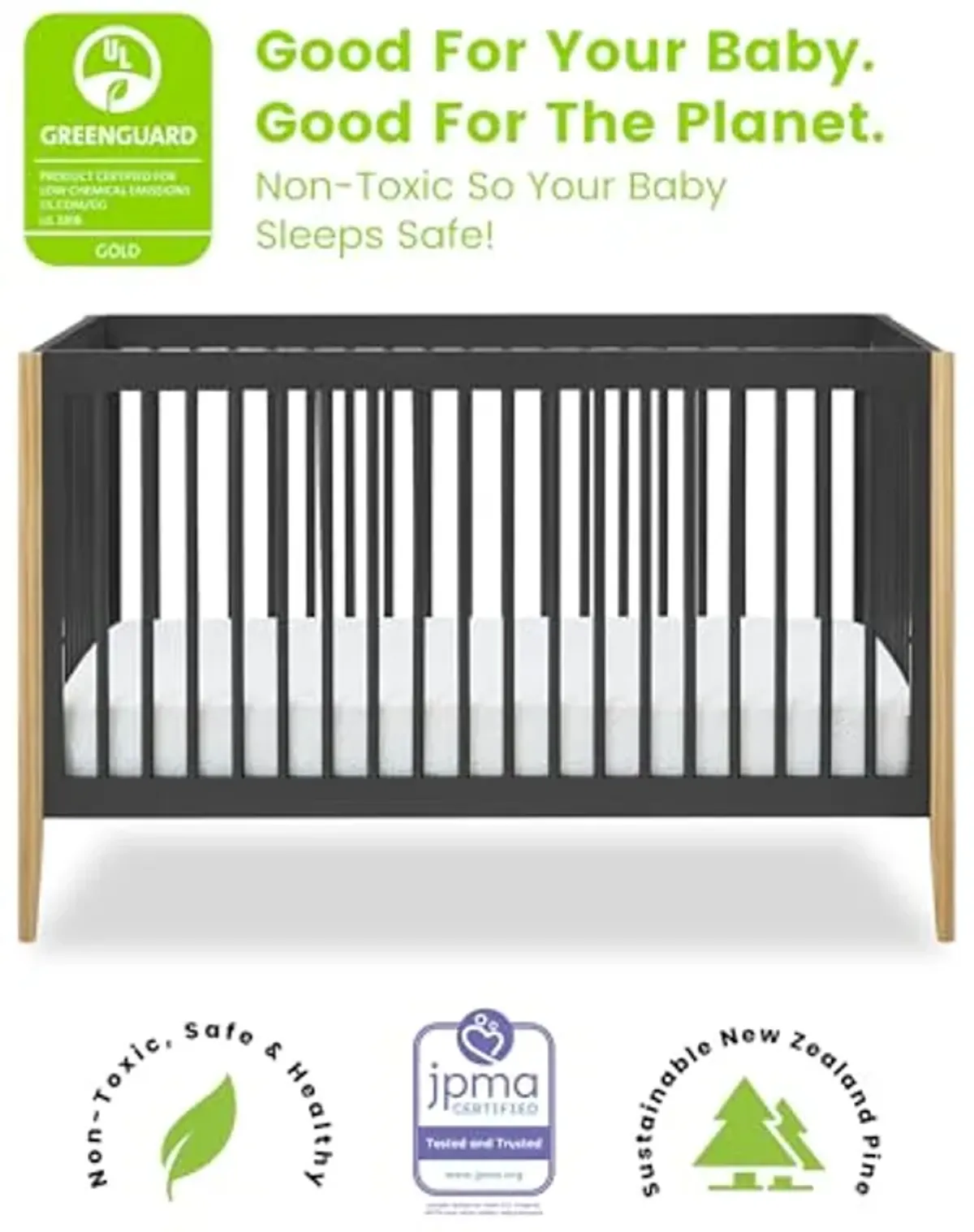 Delta Children Casey 4-in-1 Convertible Crib - Greenguard Gold Certified, Charcoal/Natural