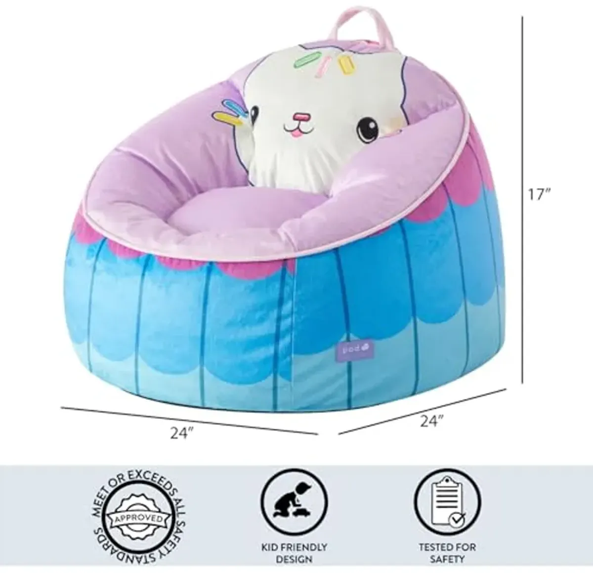 Idea Nuova Gabbys Dollhouse Hillside by pod Plush Kids Bean Bag Chair, 24"x24"x25", Ages 3+