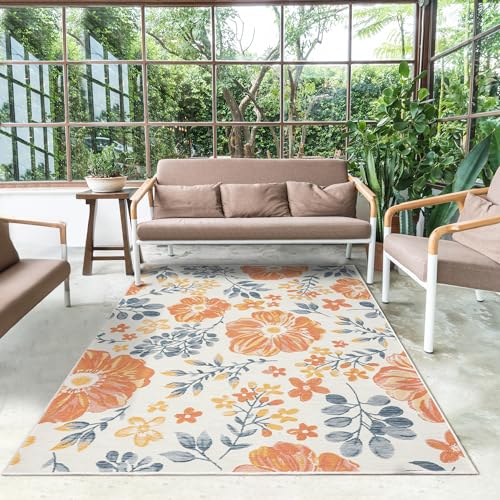 L. R. Resources, Inc. Binny CER Blue/Ivory Floral Coastal Indoor/Outdoor Reversible Area Rug, 2' x 8'