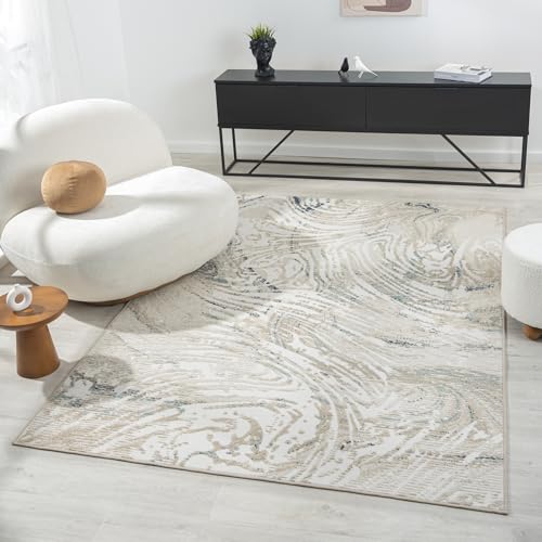 L. R. Resources, Inc. Gray/Blue Modern Abstract Swirl Durable Performance Synthetic Indoor Area Rug, 3'11" x 6'