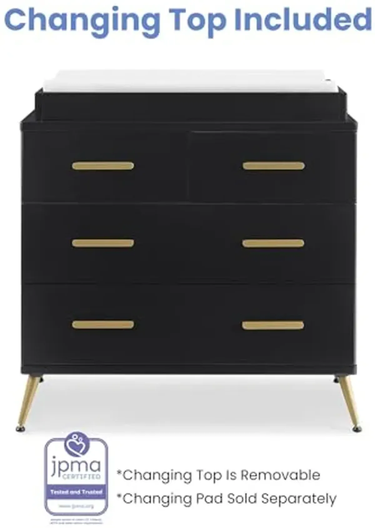 Delta Children Sloane 4 Drawer Dresser with Changing Top and Interlocking Drawers, Black/Bronze