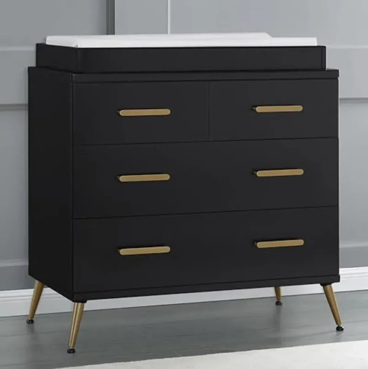 Delta Children Sloane 4 Drawer Dresser with Changing Top and Interlocking Drawers, Black/Bronze