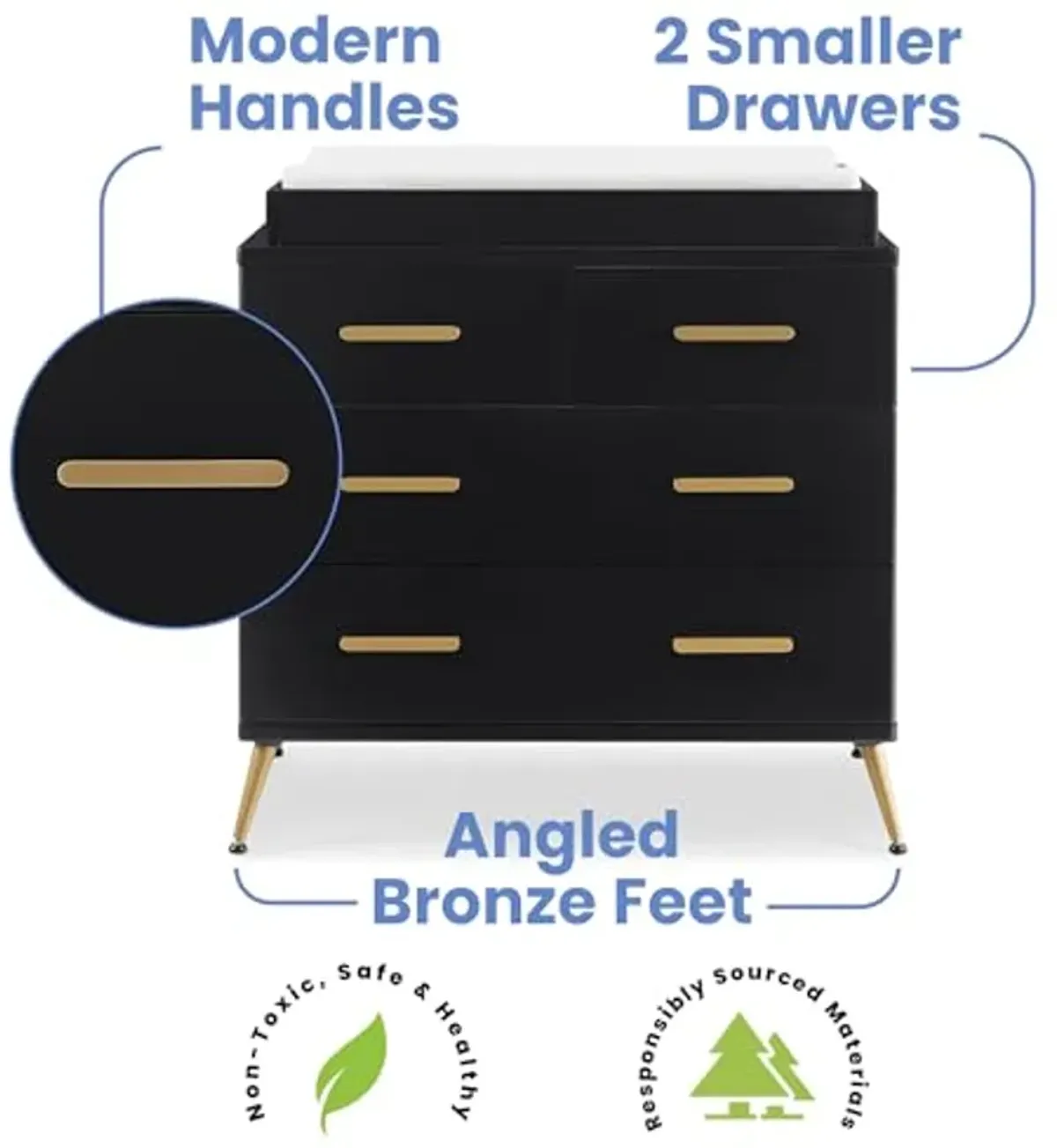 Delta Children Sloane 4 Drawer Dresser with Changing Top and Interlocking Drawers, Black/Bronze