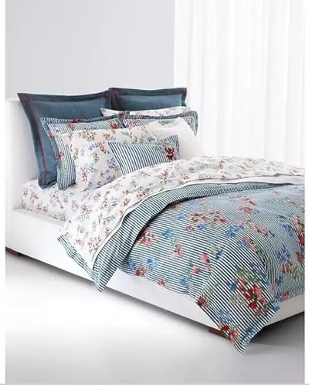 Lauren Ralph Lauren Maggie Floral Stripe King 3 pc Duvet Cover Set Shams Blue Pink White (King (U.S. Standard))