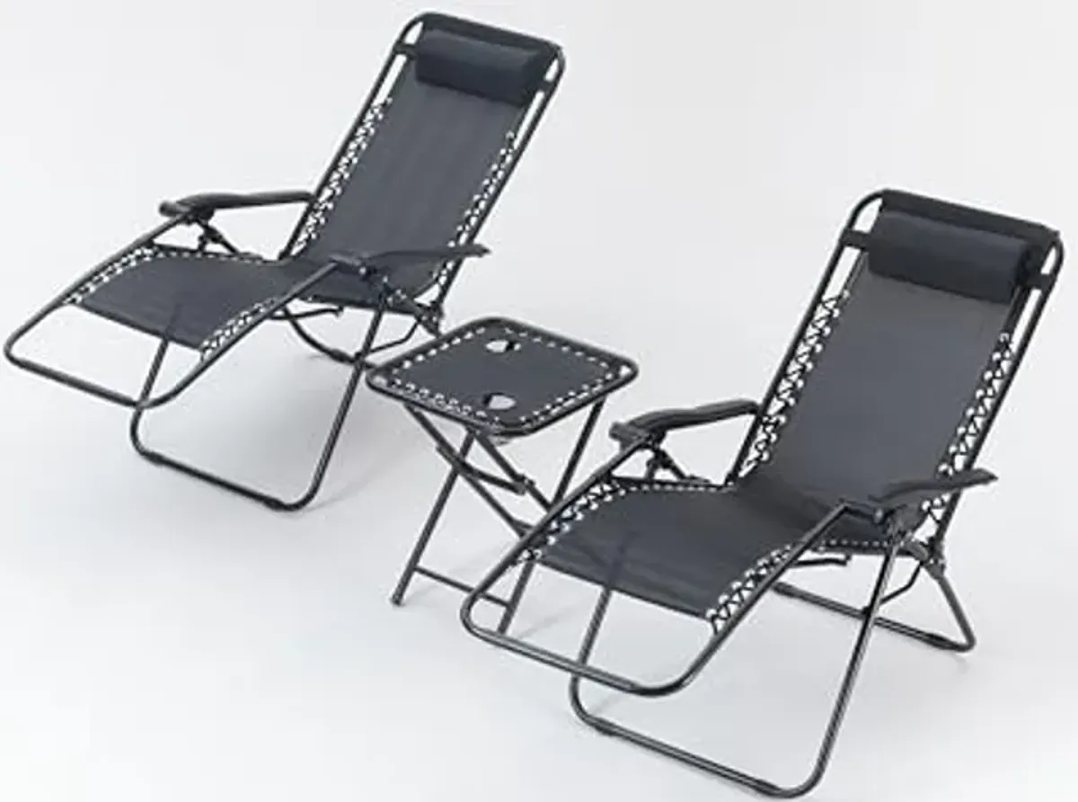 Divano Roma Furniture Set of 2 Outdoor Adjustable Zero Gravity Lounge Chair Table, Folding Patio Recliner with Headrest, Side Tray, Black