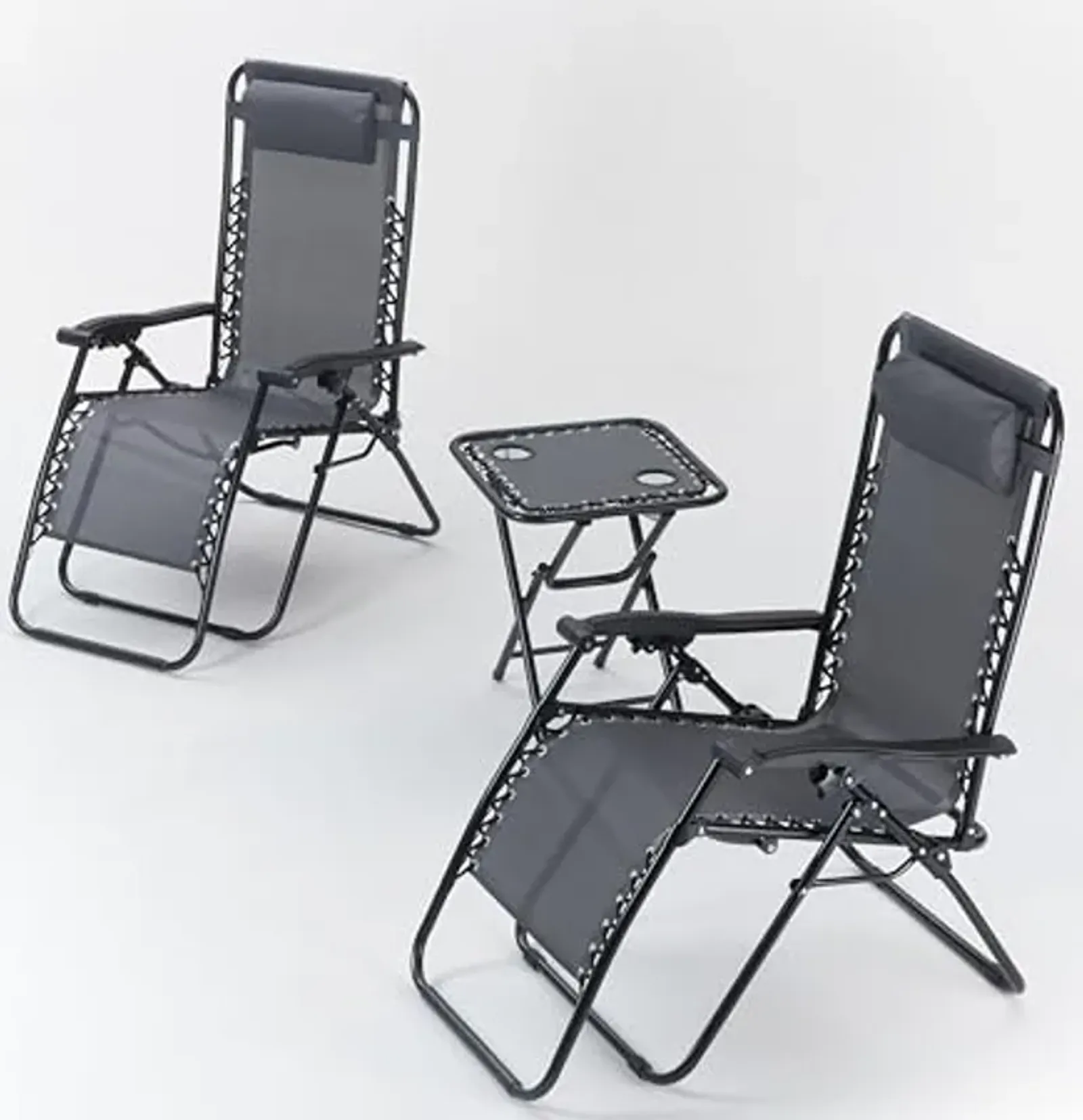 Divano Roma Furniture Set of 2 Outdoor Adjustable Zero Gravity Lounge Chair Table, Folding Patio Recliner with Headrest, Side Tray, Black