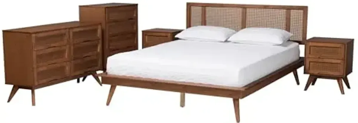 Baxton Studio Nura Bedroom Set, 5-Piece, Queen, Walnut Brown/Brown
