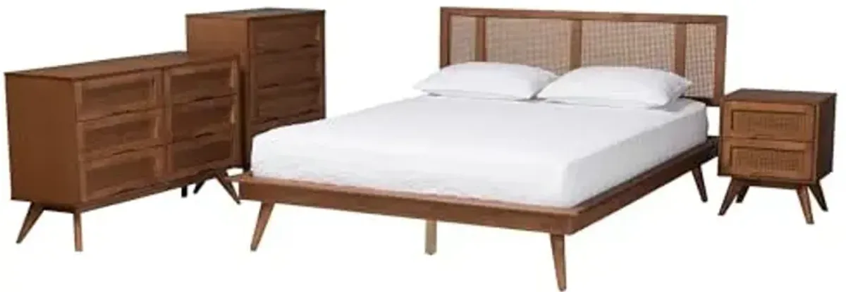 Baxton Studio Nura Bedroom Set, 4-Piece, Queen, Walnut Brown/Brown