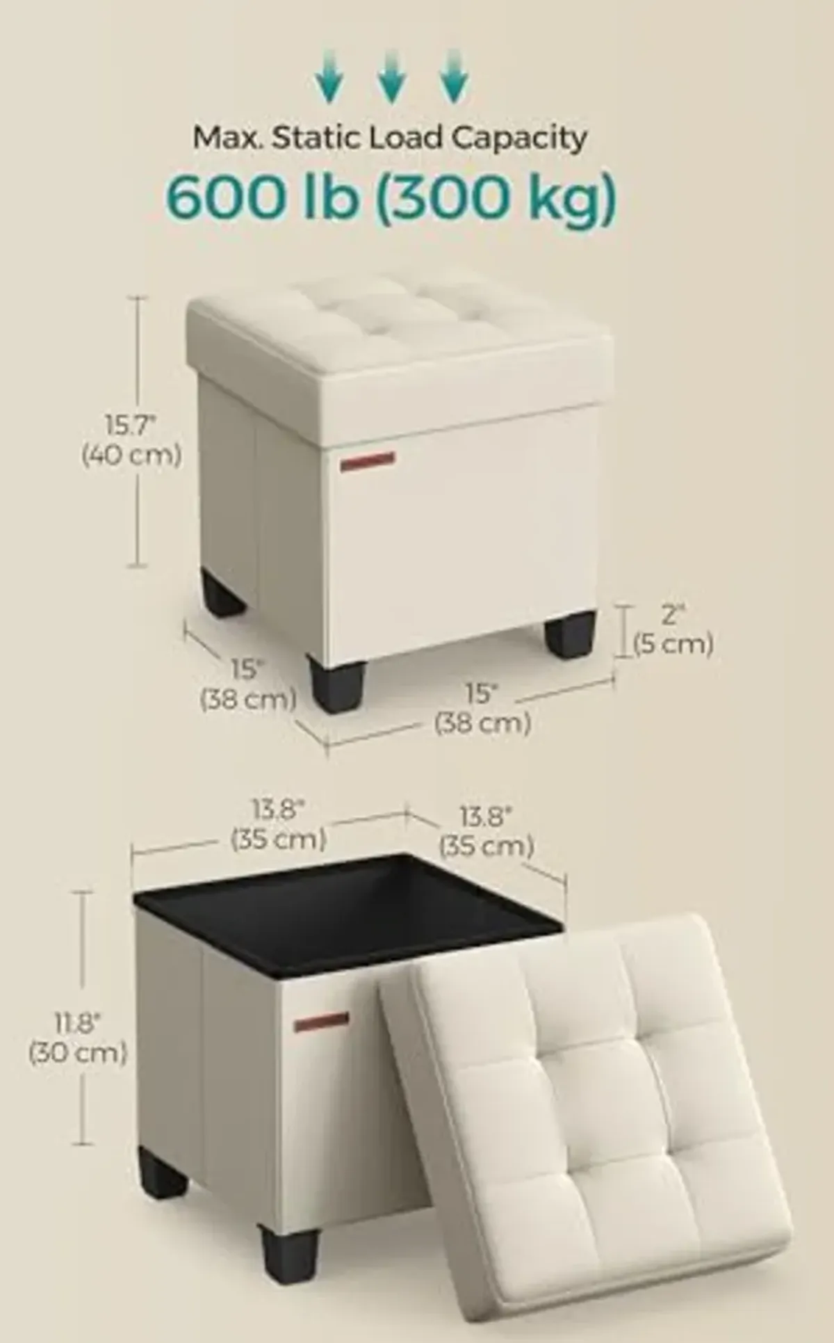 SONGMICS Storage Ottoman, Small Ottoman Foot Rest with Legs, 15 x 15 x 15.7 Inches Foot Stool, Ottoman with Storage, Load up to 660 lb, for Living Room, Bedroom, Dorm, Cream White ULSF014W01