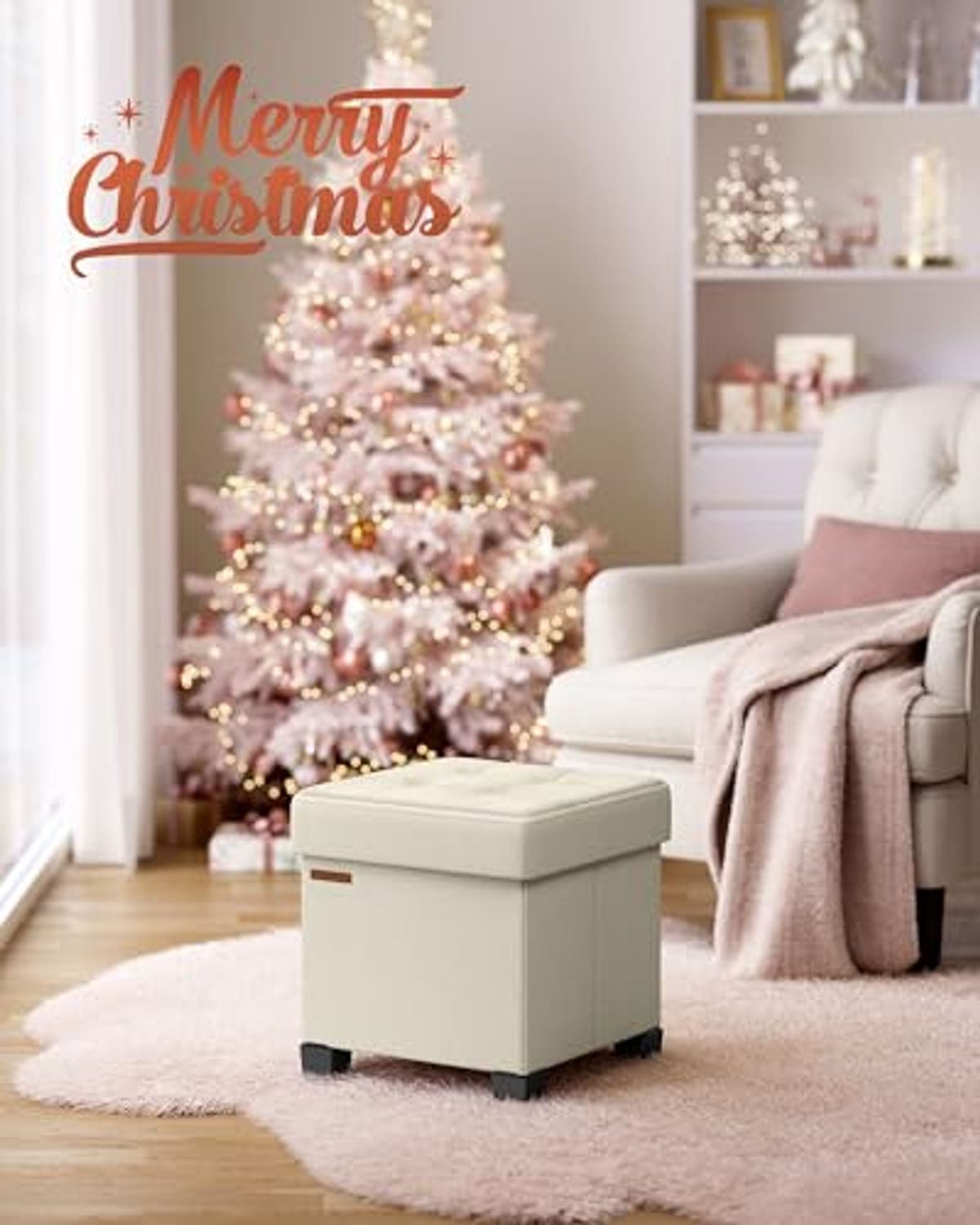 SONGMICS Storage Ottoman, Small Ottoman Foot Rest with Legs, 15 x 15 x 15.7 Inches Foot Stool, Ottoman with Storage, Load up to 660 lb, for Living Room, Bedroom, Dorm, Cream White ULSF014W01