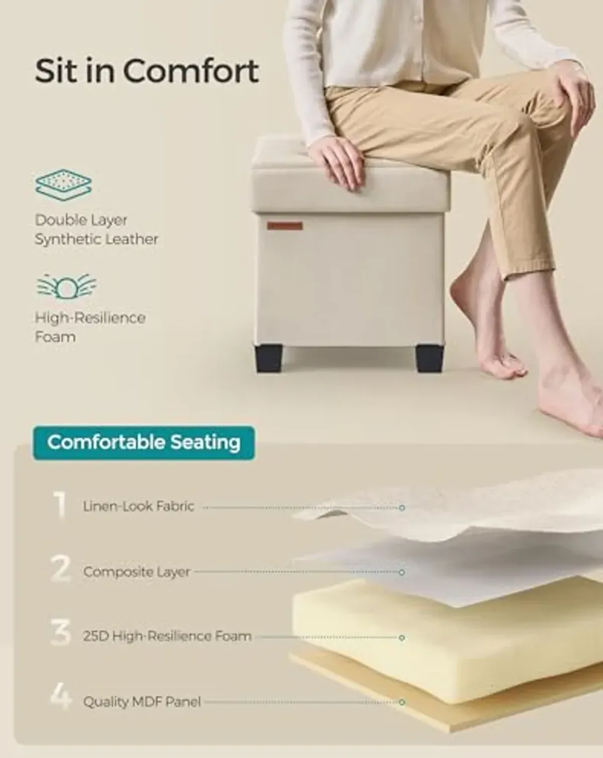 SONGMICS Storage Ottoman, Small Ottoman Foot Rest with Legs, 15 x 15 x 15.7 Inches Foot Stool, Ottoman with Storage, Load up to 660 lb, for Living Room, Bedroom, Dorm, Cream White ULSF014W01