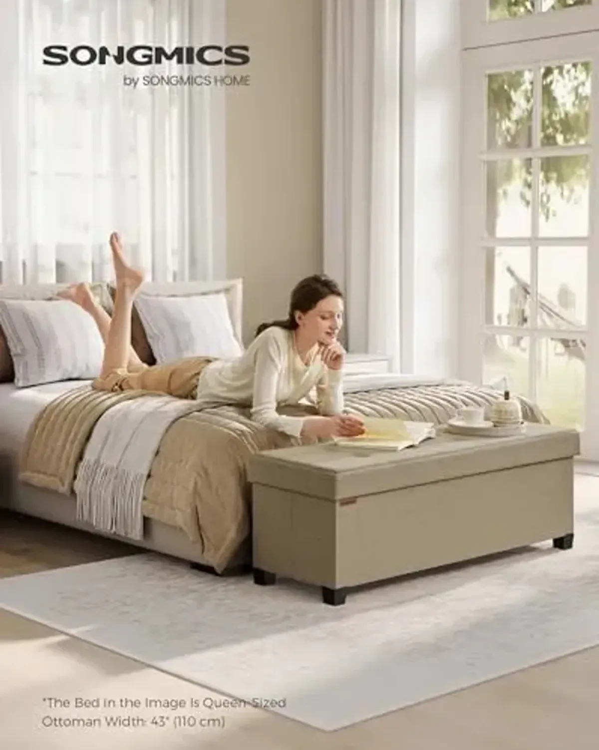 SONGMICS Storage Ottoman Bench, Foldable Foot Rest with Legs, 15 x 43 x 15.7 Inches, End of Bed Bench, Storage Chest, Load up to 660 lb, for Living Room, Bedroom, Entryway, Camel Brown ULSF018K01