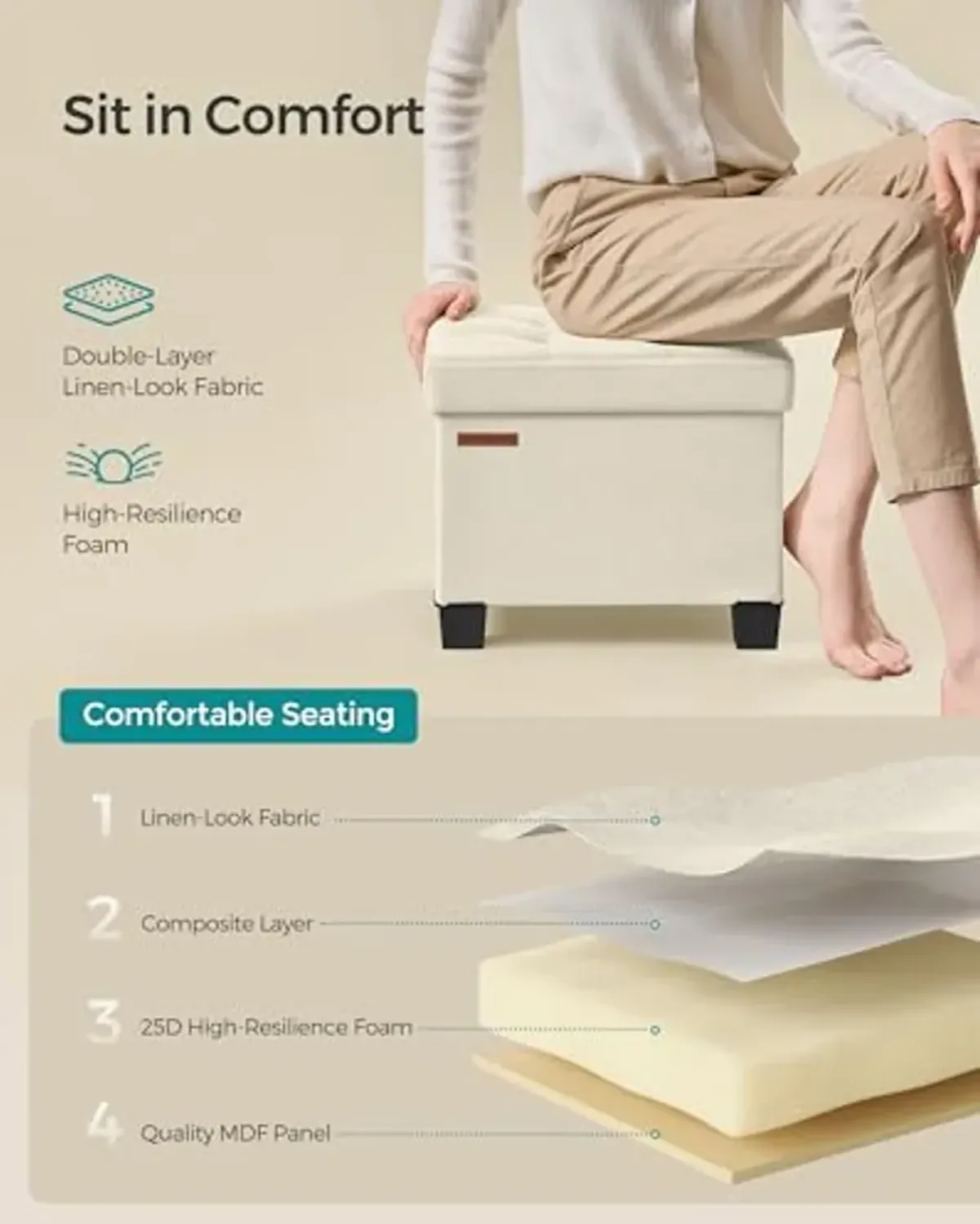 SONGMICS Storage Ottoman, Small Ottoman Foot Rest with Legs, 12.6 x 15.8 x 13.2 Inches Foot Stool, Ottoman with Storage, Load up to 660 lb, for Living Room, Bedroom, Dorm, Cream White ULSF012W01