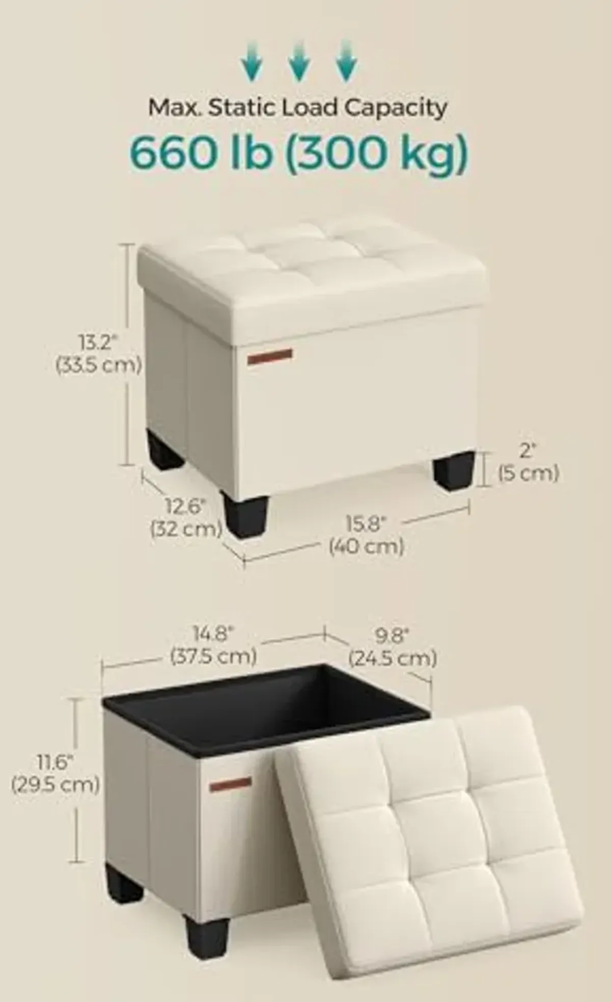 SONGMICS Storage Ottoman, Small Ottoman Foot Rest with Legs, 12.6 x 15.8 x 13.2 Inches Foot Stool, Ottoman with Storage, Load up to 660 lb, for Living Room, Bedroom, Dorm, Cream White ULSF012W01