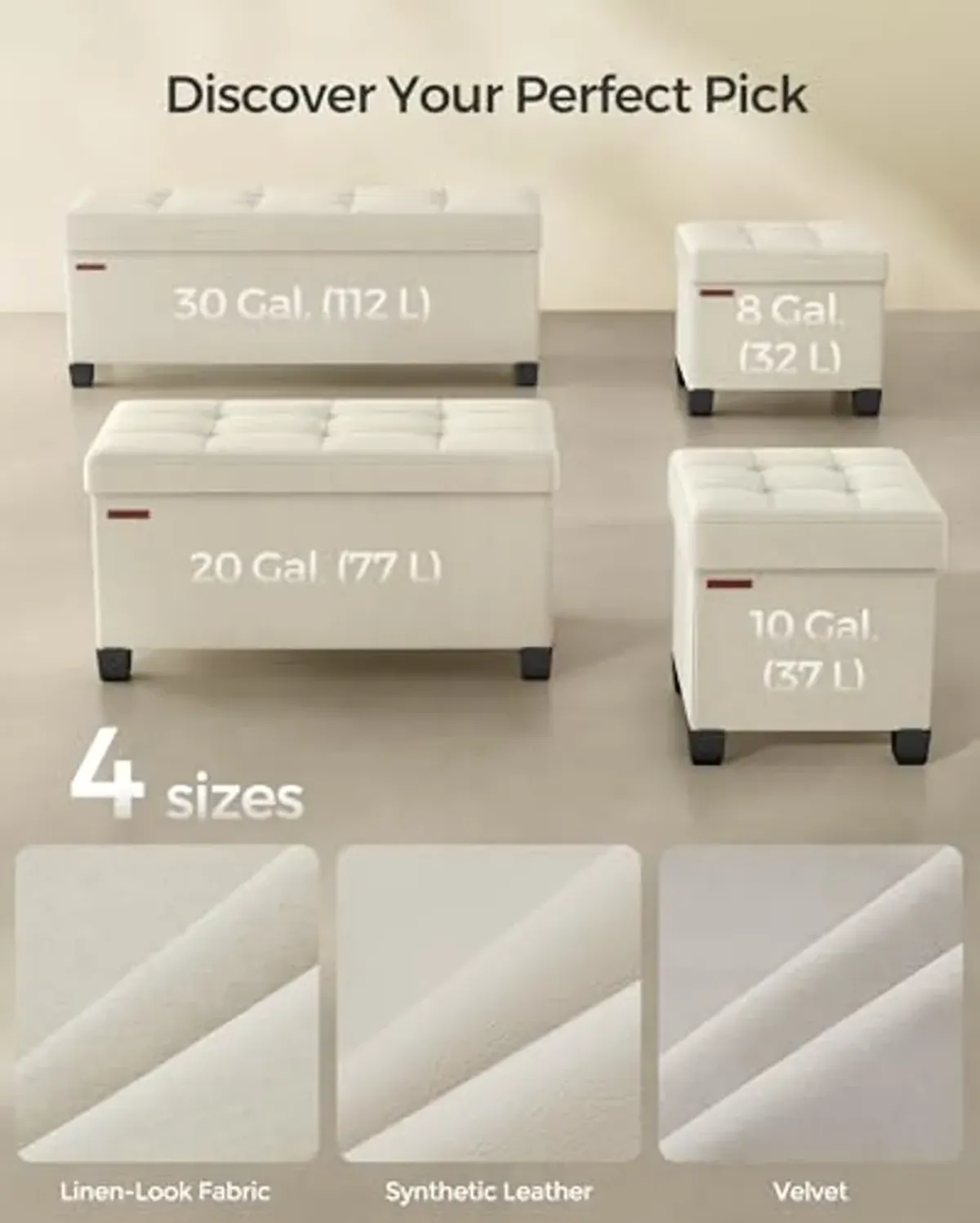 SONGMICS Storage Ottoman Bench, Foldable Foot Rest with Legs, 15 x 43 x 15.7 Inches, End of Bed Bench, Storage Chest, Load up to 660 lb, for Living Room, Bedroom, Entryway, Cream White ULSF018W01