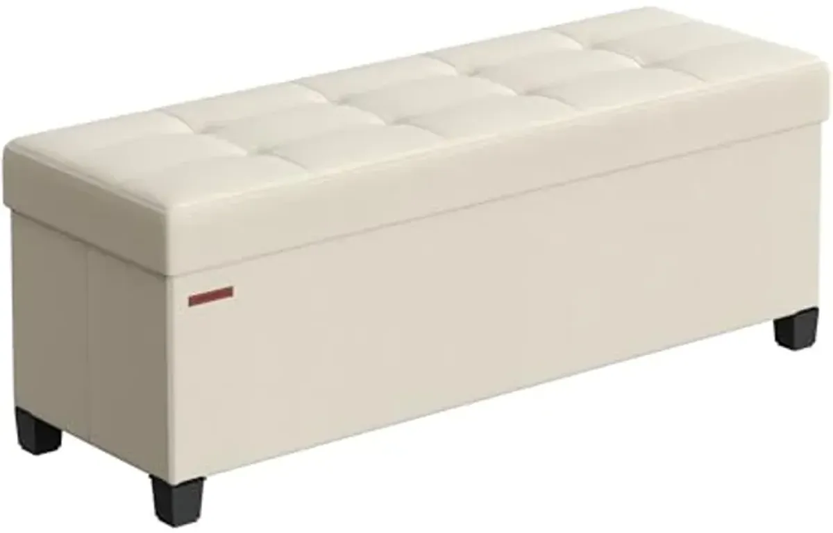 SONGMICS Storage Ottoman Bench, Foldable Foot Rest with Legs, 15 x 43 x 15.7 Inches, End of Bed Bench, Storage Chest, Load up to 660 lb, for Living Room, Bedroom, Entryway, Cream White ULSF018W01