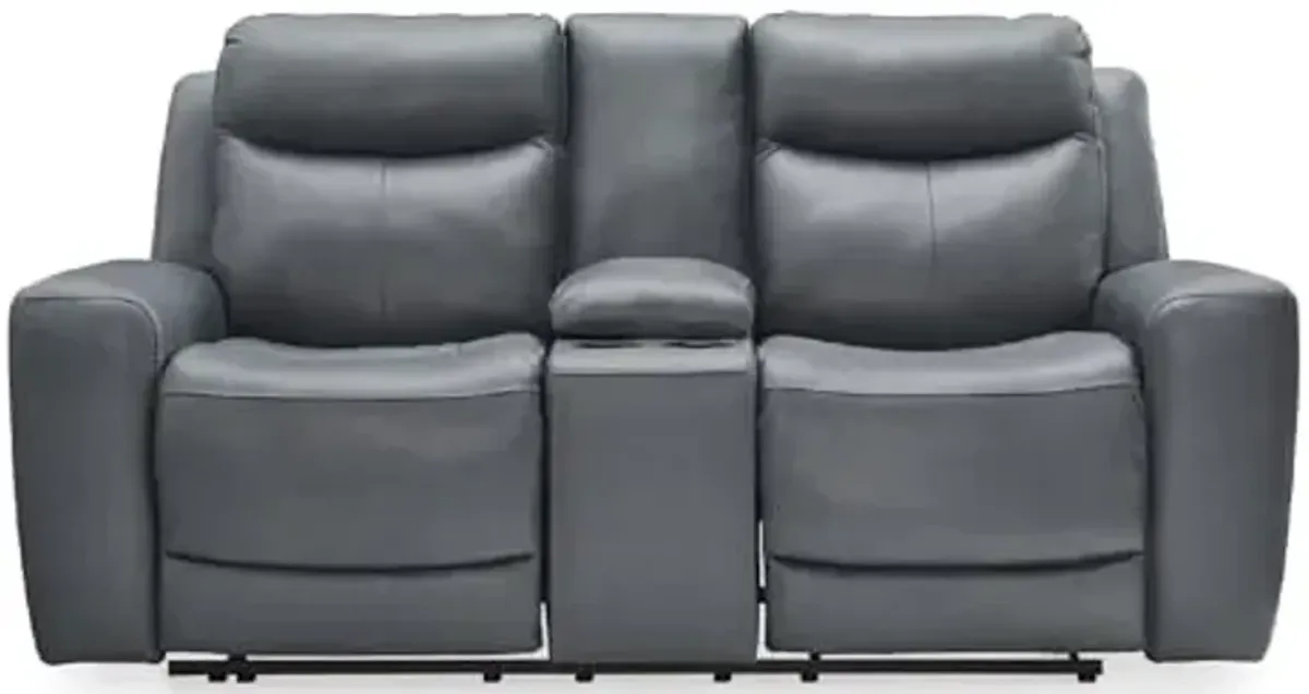 Signature Design by Ashley Mindanao Modern Leather Match Upholstered Power Reclining Loveseat with Console, USB Ports and Cup Holders, Gray