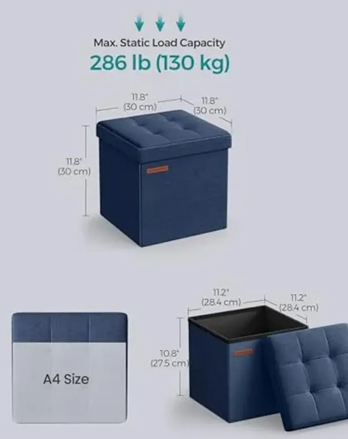 SONGMICS Storage Ottoman, Foldable Small Ottoman Foot Rest, 11.8 Inches Foot Stool, Cube Ottoman with Storage, Load up to 286 lb, for Living Room, Bedroom, Dorm, Midnight Blue ULSF028Q02