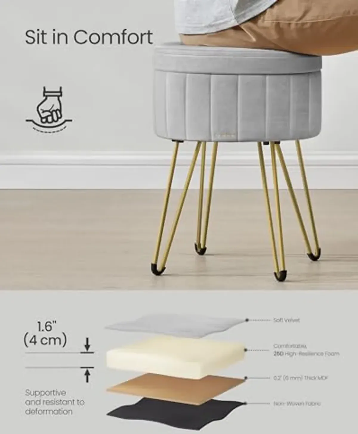 SONGMICS Vanity Stool Chair, Small Ottoman Stool with Storage, Velvet Makeup Stool, 15.4 Dia. x 17.5 H Inches, 4 Metal Legs, for Makeup Room, Living Room, Bedroom, Dove Gray ULOM003G02