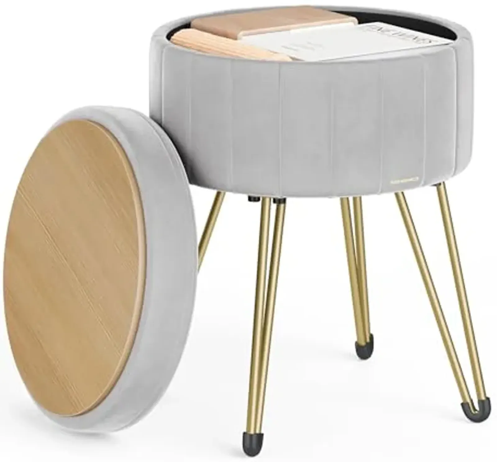 SONGMICS Vanity Stool Chair, Small Ottoman Stool with Storage, Velvet Makeup Stool, 15.4 Dia. x 17.5 H Inches, 4 Metal Legs, for Makeup Room, Living Room, Bedroom, Dove Gray ULOM003G02