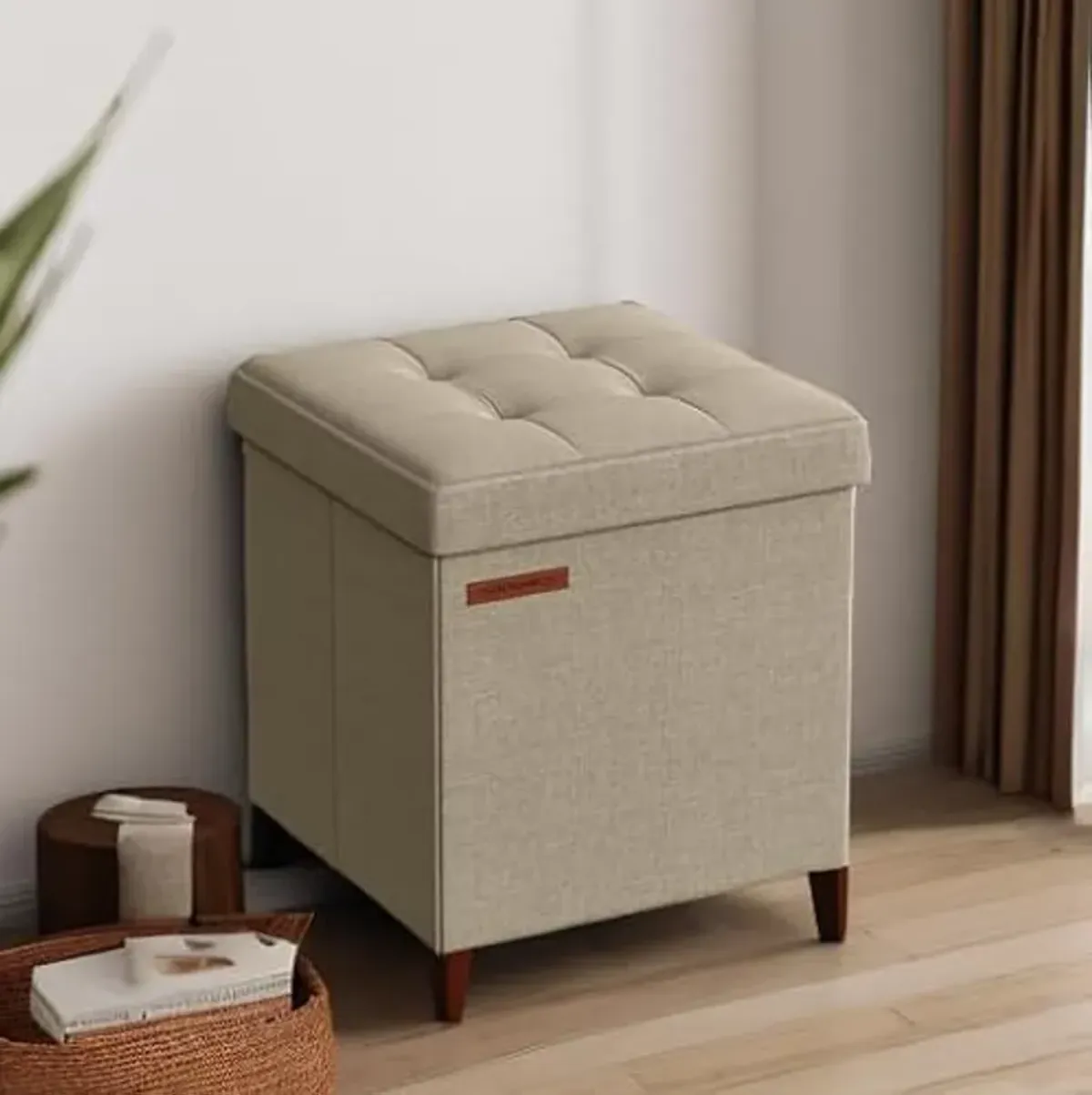 SONGMICS Storage Ottoman, Foldable Small Ottoman Foot Rest, 11.8 Inches Foot Stool, Cube Ottoman with Storage, Load up to 286 lb, for Living Room, Bedroom, Dorm, Camel Brown ULSF028K01