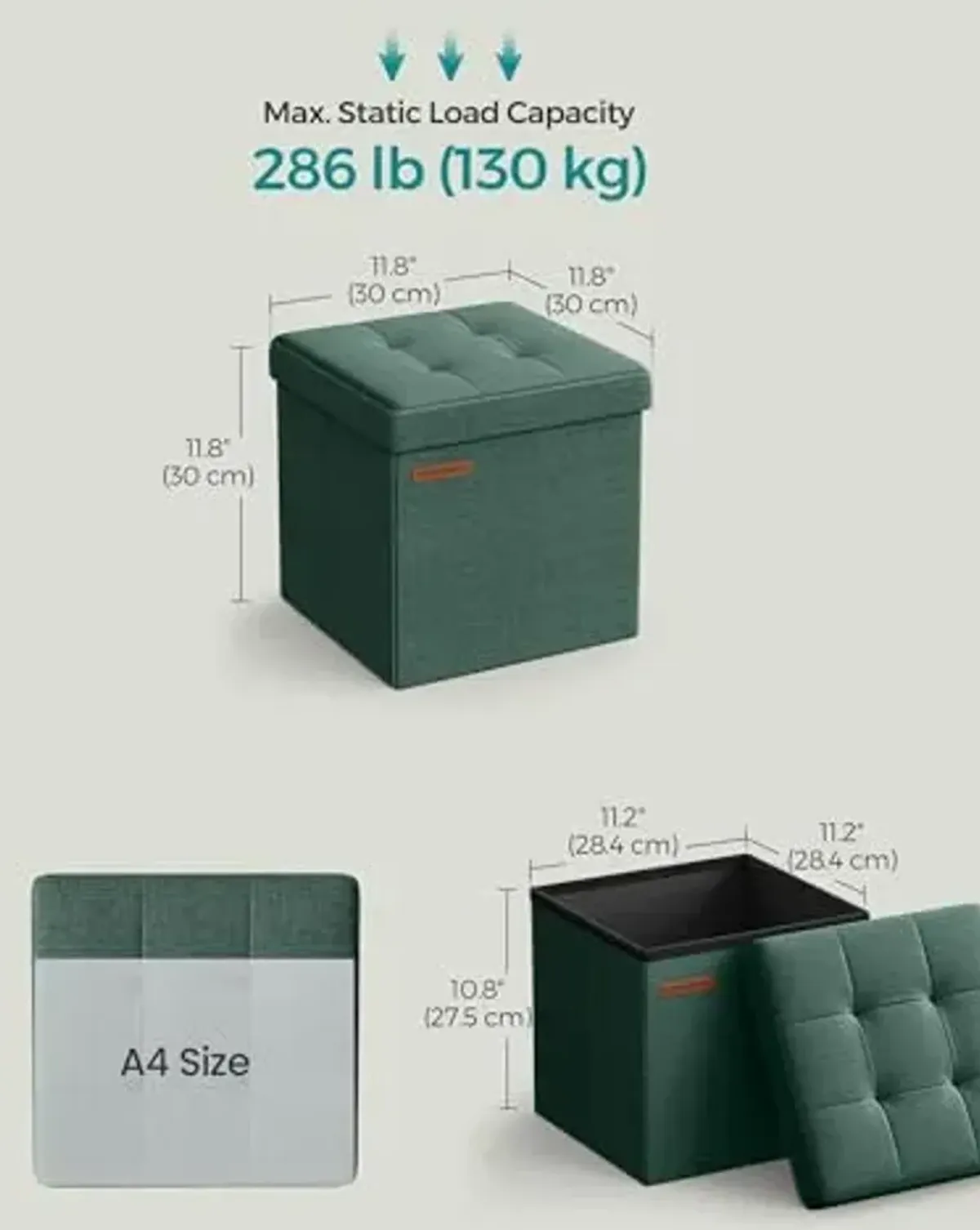 SONGMICS Foldable Small Ottoman Foot Rest, 11.8 Inches Foot Stool, Cube Ottoman with Storage, Load up to 286 lb, Retro Green ULSF028C01
