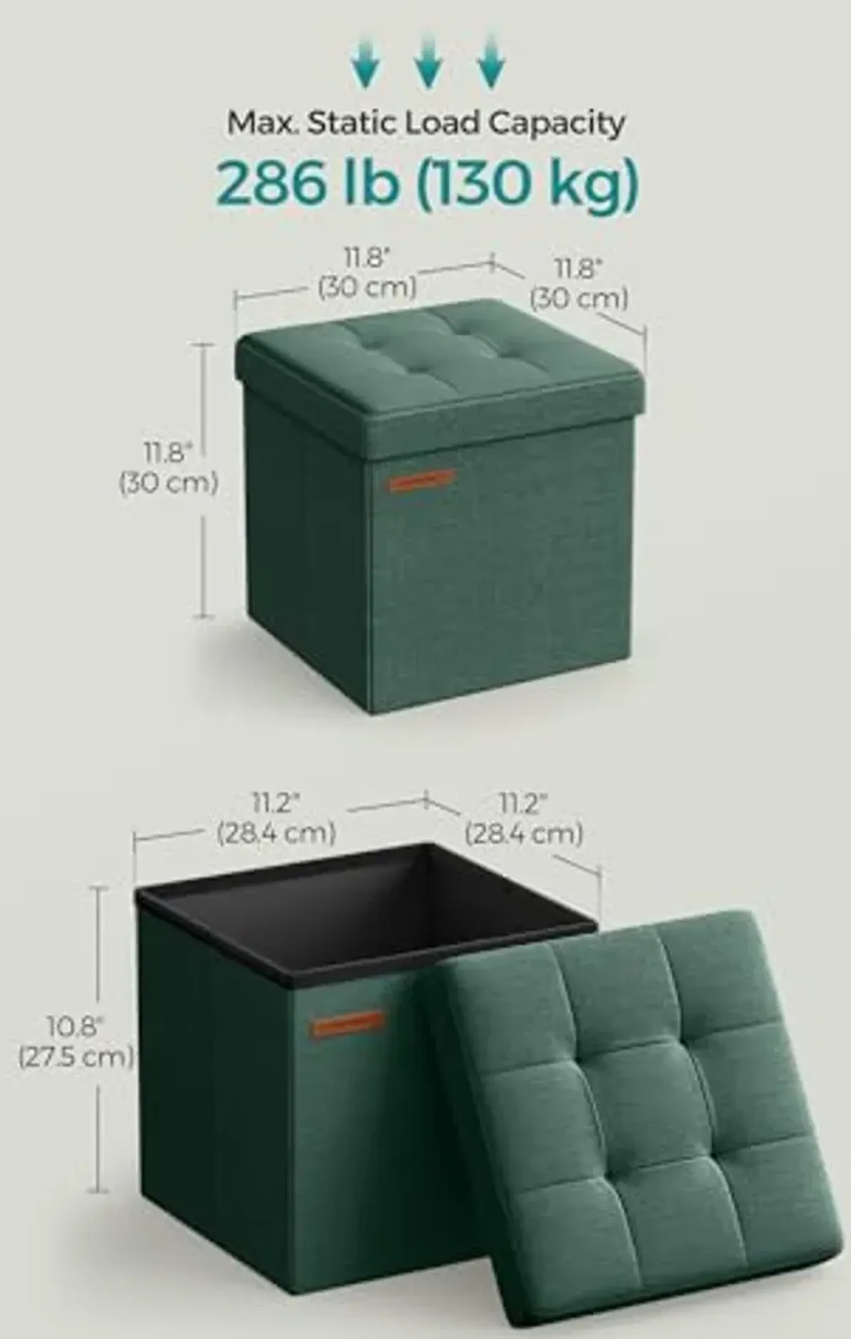 SONGMICS Storage Ottoman, Foldable Small Ottoman Foot Rest, 11.8 Inches Foot Stool, Cube Ottoman with Storage, Load up to 286 lb, for Living Room, Bedroom, Dorm, Retro Green ULSF028C01