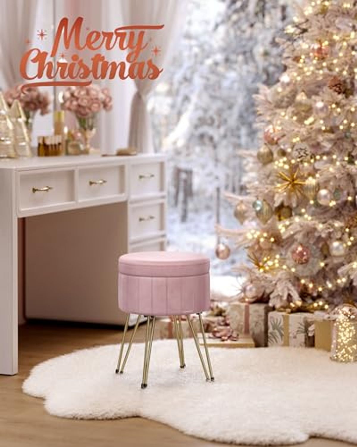 SONGMICS Vanity Stool Chair, Small Ottoman Stool with Storage, Velvet Makeup Stool, 15.4 Dia. x 17.5 H Inches, 4 Metal Legs, for Makeup Room, Living Room, Bedroom, Jelly Pink ULOM003R01