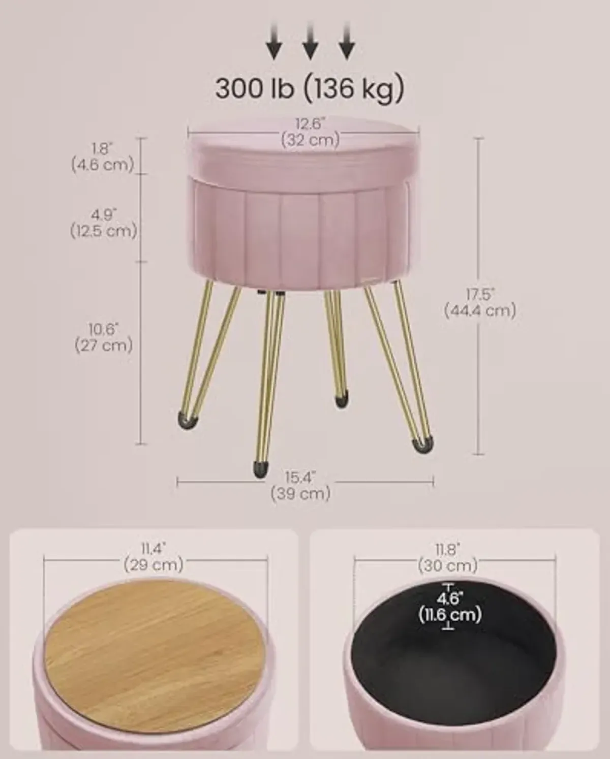 SONGMICS Vanity Stool Chair, Small Ottoman Stool with Storage, Velvet Makeup Stool, 15.4 Dia. x 17.5 H Inches, 4 Metal Legs, for Makeup Room, Living Room, Bedroom, Jelly Pink ULOM003R01