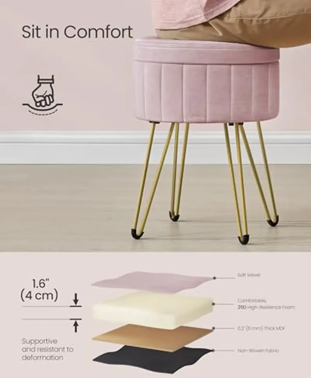 SONGMICS Vanity Stool Chair, Small Ottoman Stool with Storage, Velvet Makeup Stool, 15.4 Dia. x 17.5 H Inches, 4 Metal Legs, for Makeup Room, Living Room, Bedroom, Jelly Pink ULOM003R01