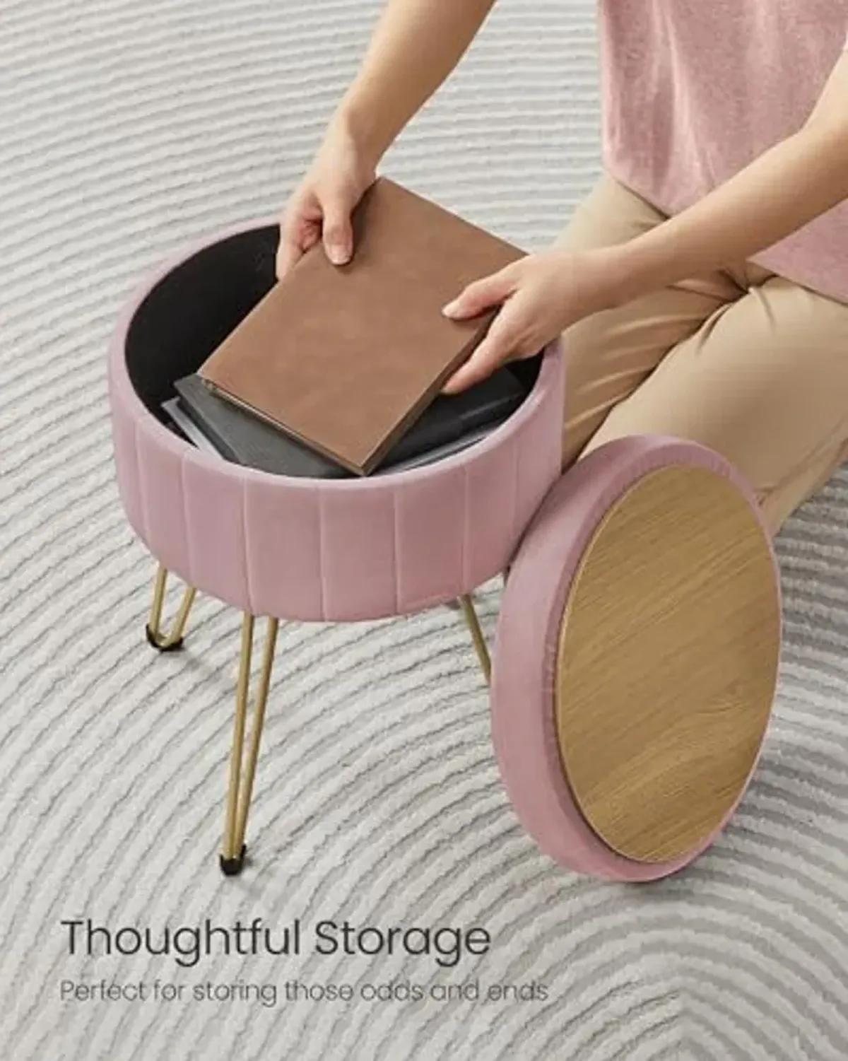 SONGMICS Vanity Stool Chair, Small Ottoman Stool with Storage, Velvet Makeup Stool, 15.4 Dia. x 17.5 H Inches, 4 Metal Legs, for Makeup Room, Living Room, Bedroom, Jelly Pink ULOM003R01