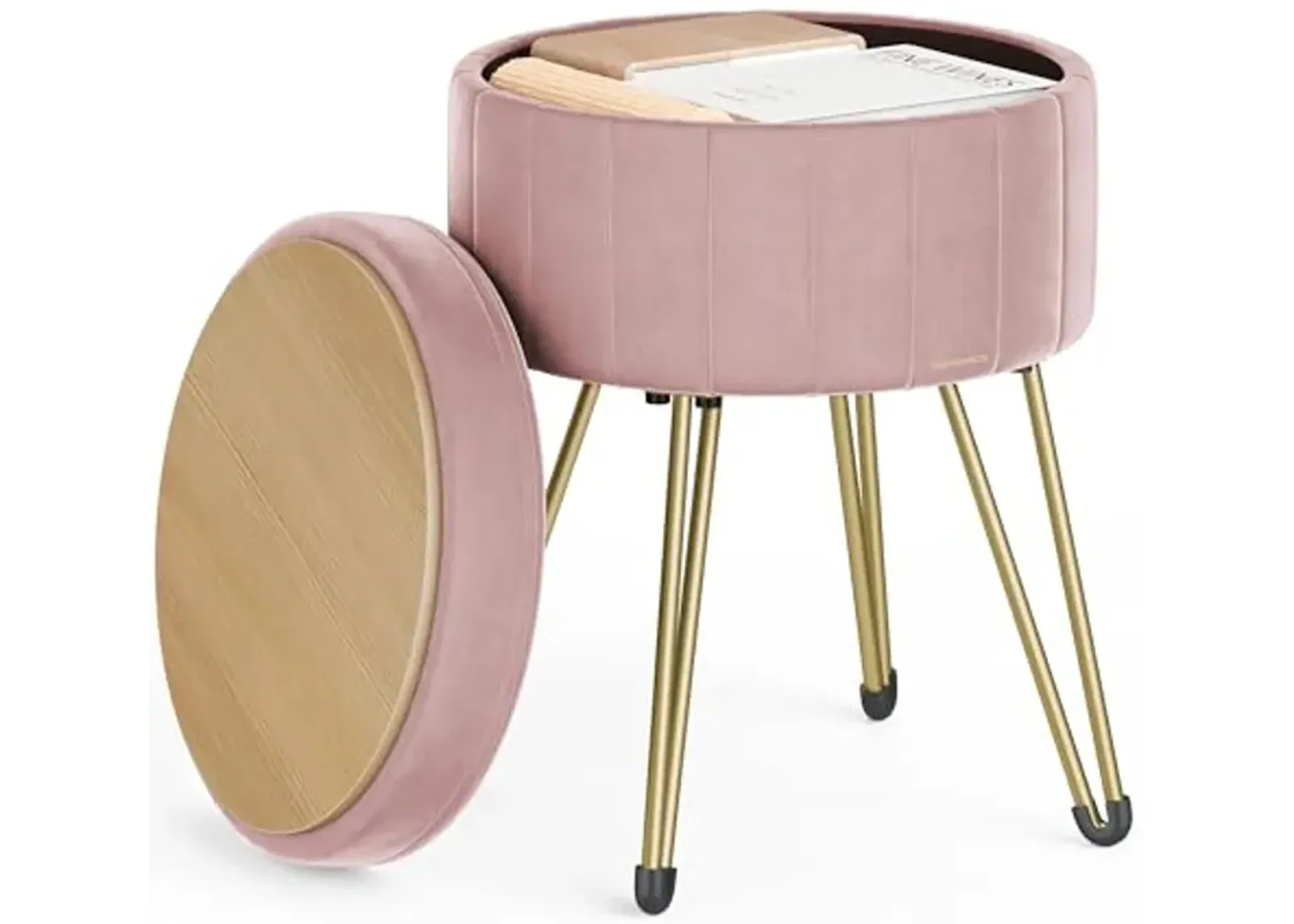 SONGMICS Vanity Stool Chair, Small Ottoman Stool with Storage, Velvet Makeup Stool, 15.4 Dia. x 17.5 H Inches, 4 Metal Legs, for Makeup Room, Living Room, Bedroom, Jelly Pink ULOM003R01