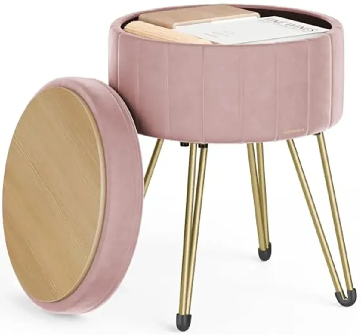 SONGMICS Vanity Stool Chair, Small Ottoman Stool with Storage, Velvet Makeup Stool, 15.4 Dia. x 17.5 H Inches, 4 Metal Legs, for Makeup Room, Living Room, Bedroom, Jelly Pink ULOM003R01