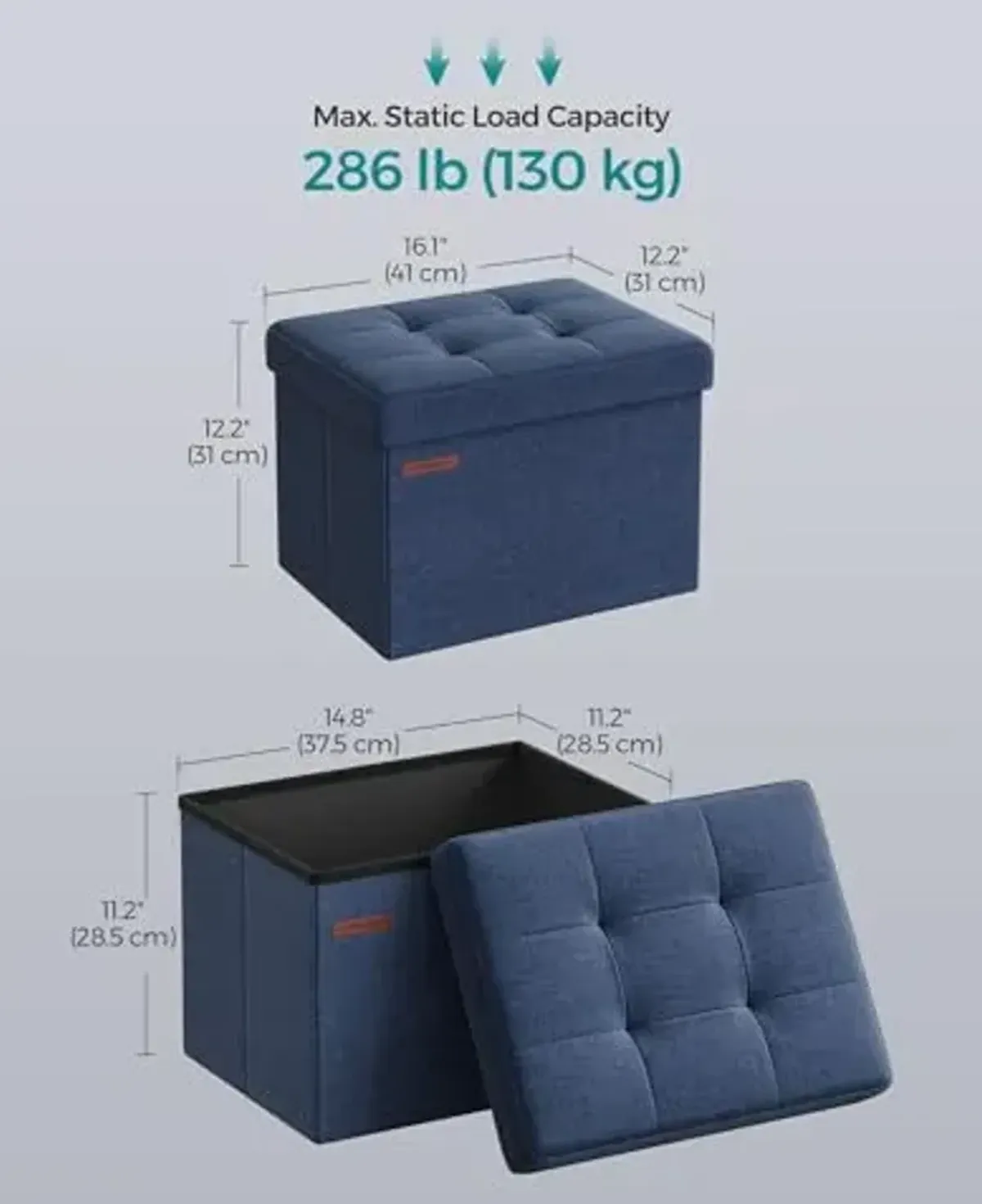 SONGMICS Mazie Collection - Small Folding Storage Ottoman, Foot Rest Stool, 12.2 x 16.1 x 12.2 Inches, 286 lb Load Capacity, for Living Room, Bedroom, Home Office, Dorm, Midnight Blue ULSF102Q02