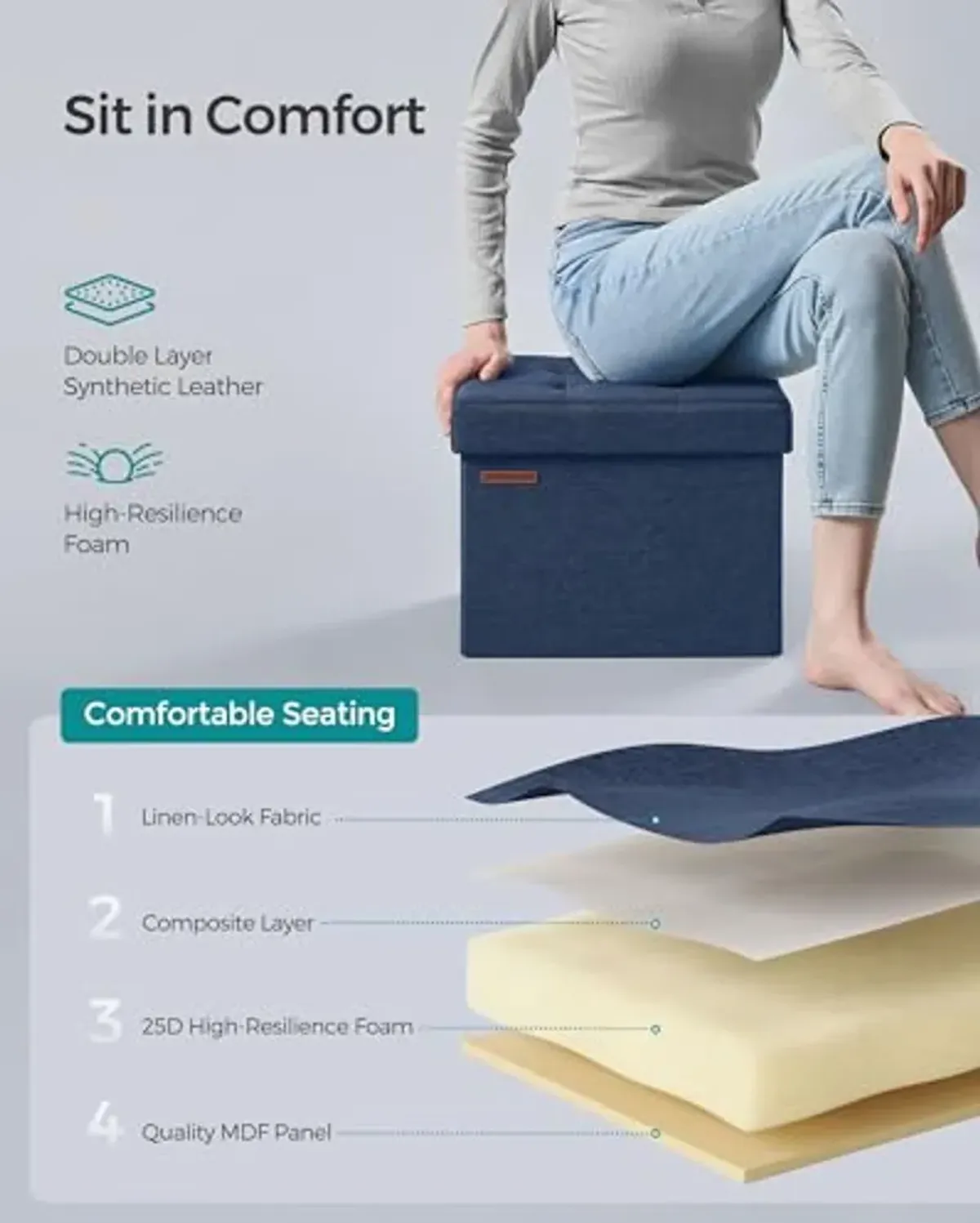 SONGMICS Small Folding Storage Ottoman, Foot Rest Stool, 12.2 x 16.1 x 12.2 Inches, 286 lb Load Capacity, for Living Room, Bedroom, Home Office, Dorm, Midnight Blue ULSF102Q02