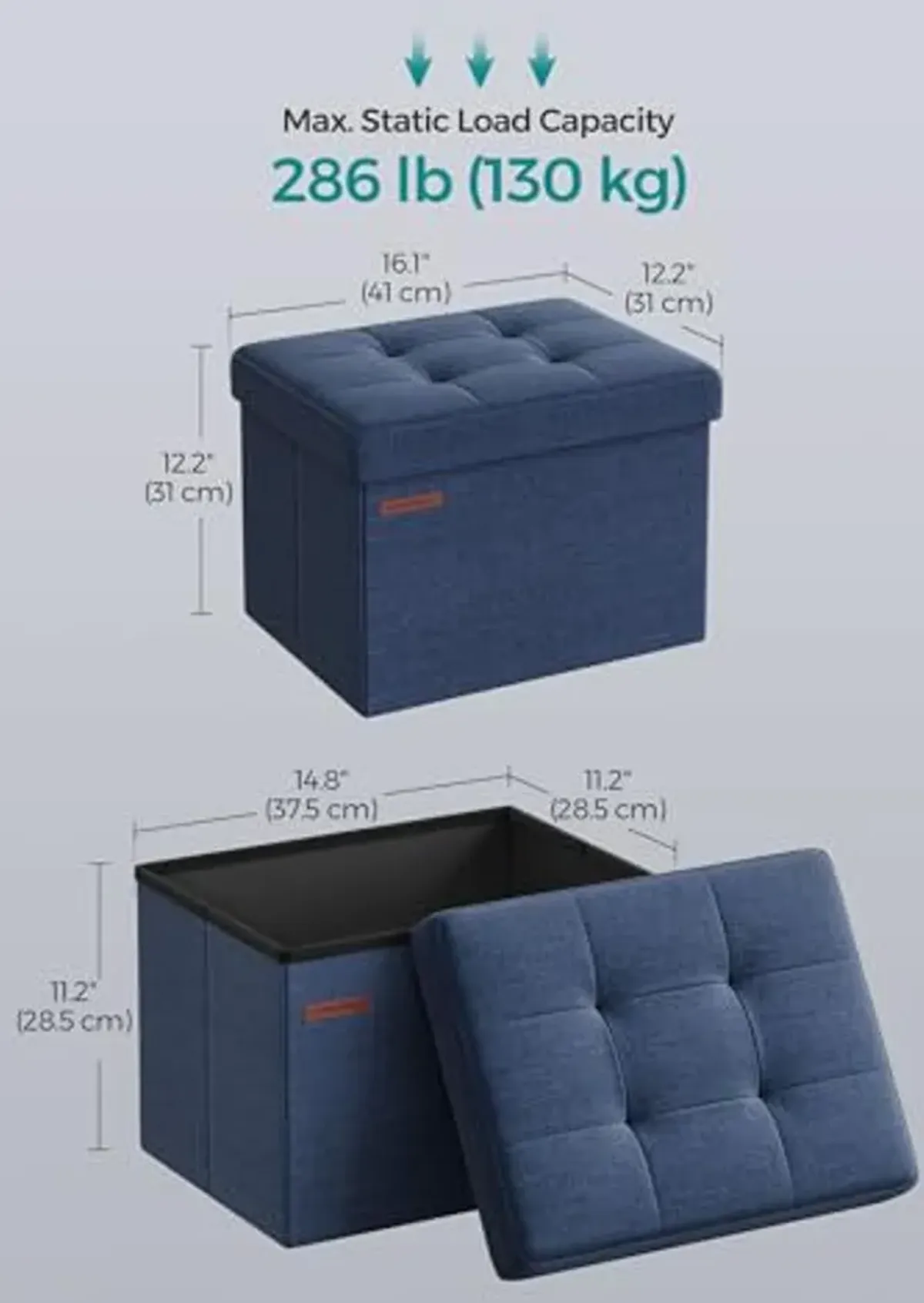 SONGMICS Small Folding Storage Ottoman, Foot Rest Stool, 12.2 x 16.1 x 12.2 Inches, 286 lb Load Capacity, for Living Room, Bedroom, Home Office, Dorm, Midnight Blue ULSF102Q02