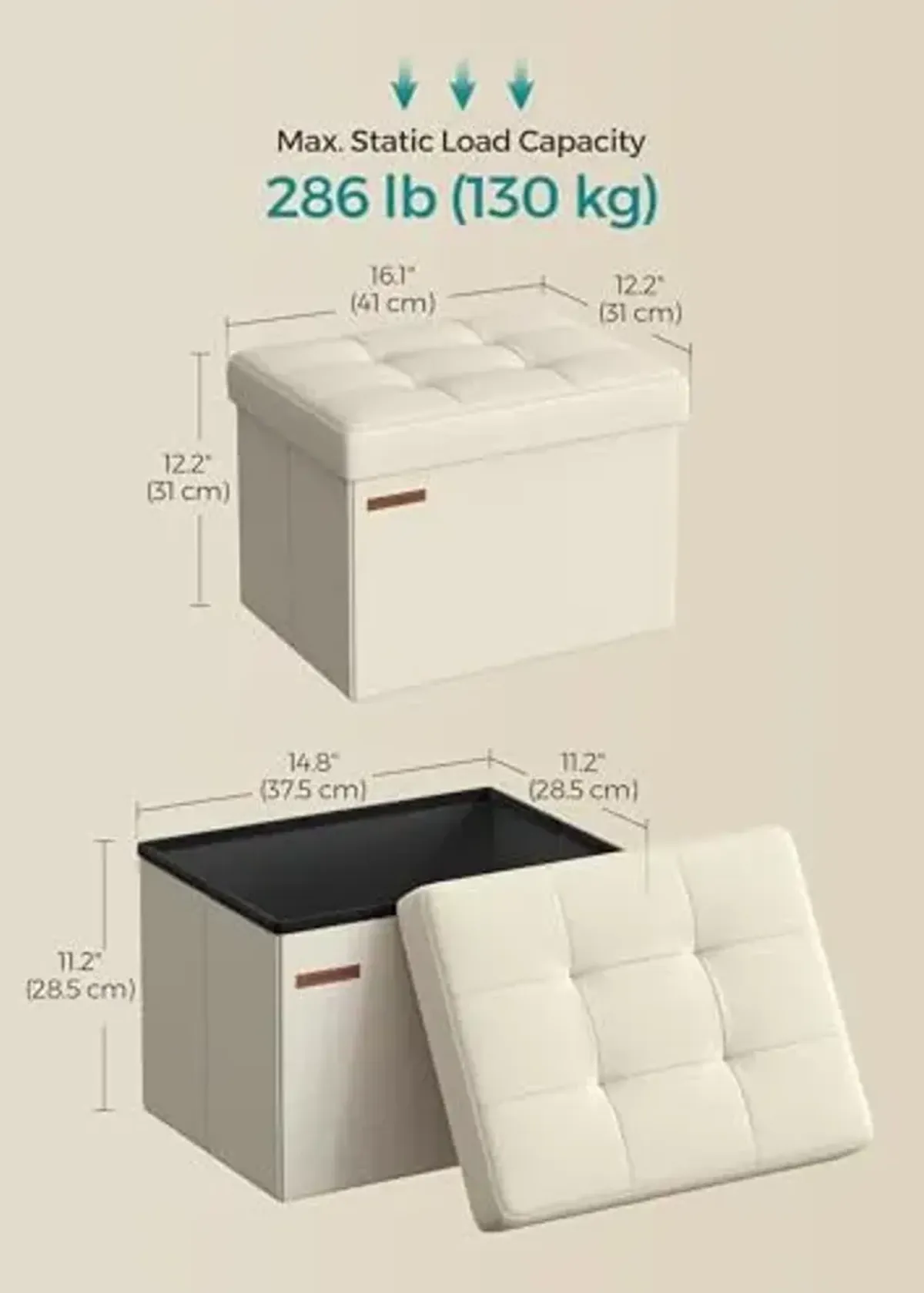 SONGMICS Mazie Collection - Small Folding Storage Ottoman, Foot Rest Stool, 12.2 x 16.1 x 12.2 Inches, 286 lb Load Capacity, for Living Room, Bedroom, Home Office, Dorm, Cream White ULSF102W01