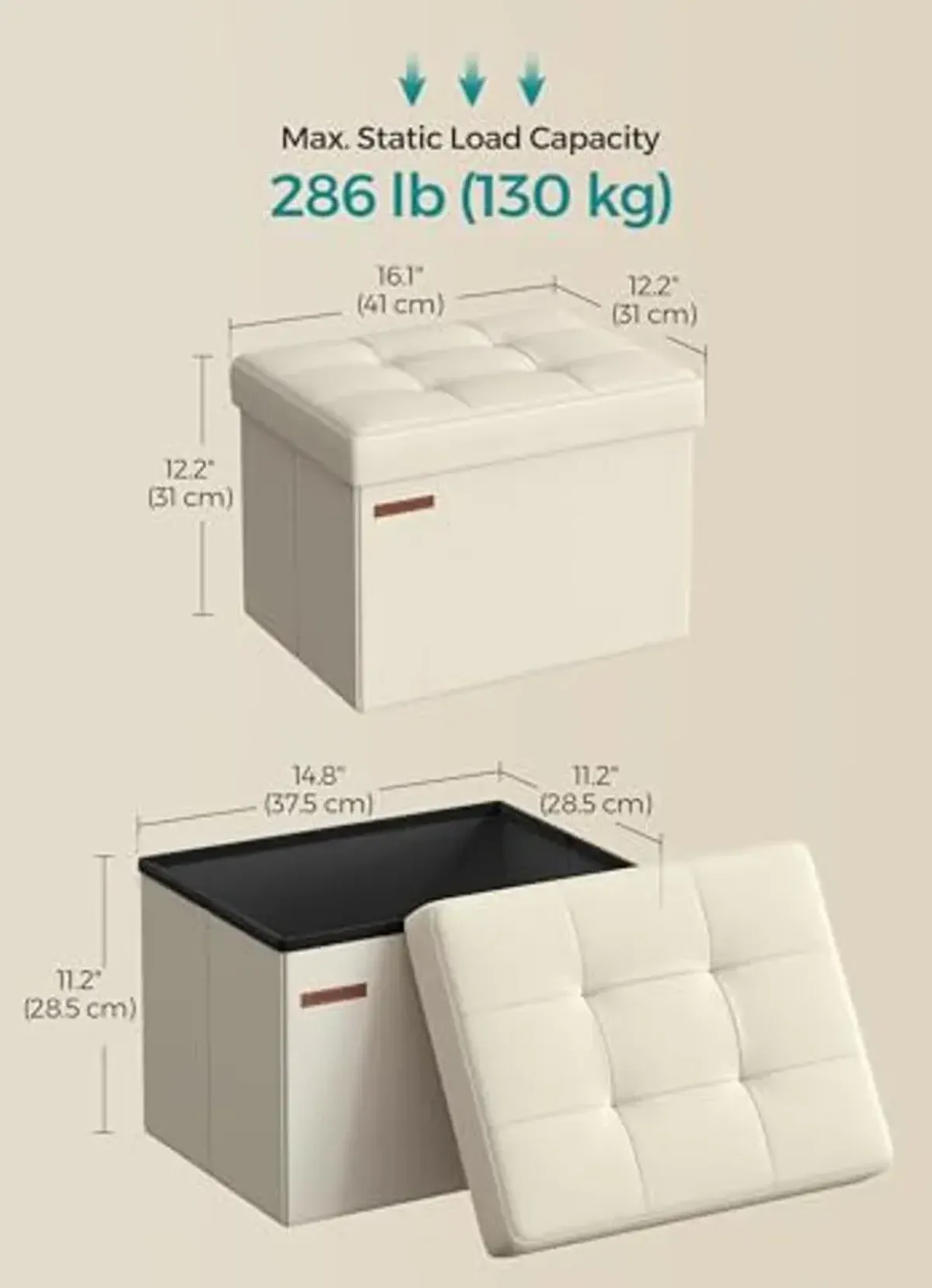 SONGMICS Small Folding Storage Ottoman, Foot Rest Stool, 12.2 x 16.1 x 12.2 Inches, 286 lb Load Capacity, for Living Room, Bedroom, Home Office, Dorm, Cream White ULSF102W01