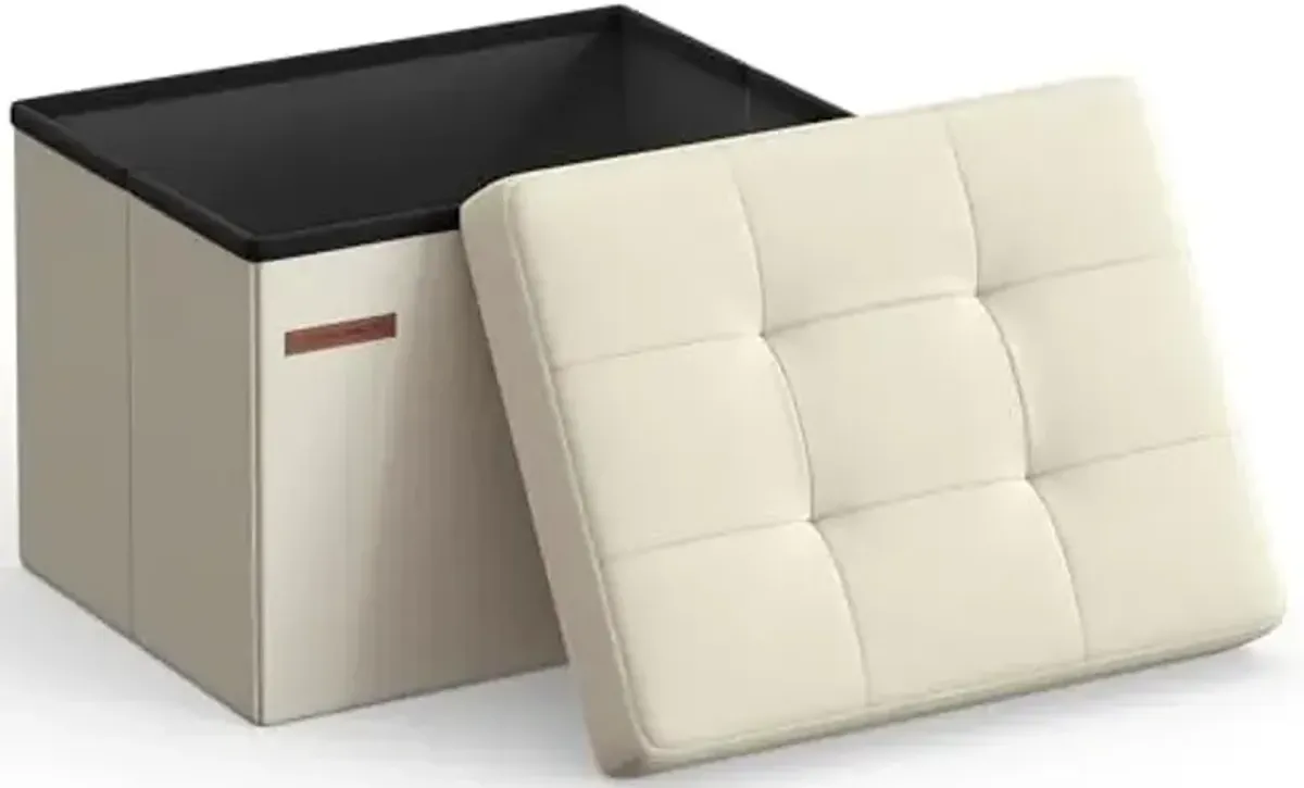 SONGMICS Mazie Collection - Small Folding Storage Ottoman, Foot Rest Stool, 12.2 x 16.1 x 12.2 Inches, 286 lb Load Capacity, for Living Room, Bedroom, Home Office, Dorm, Cream White ULSF102W01