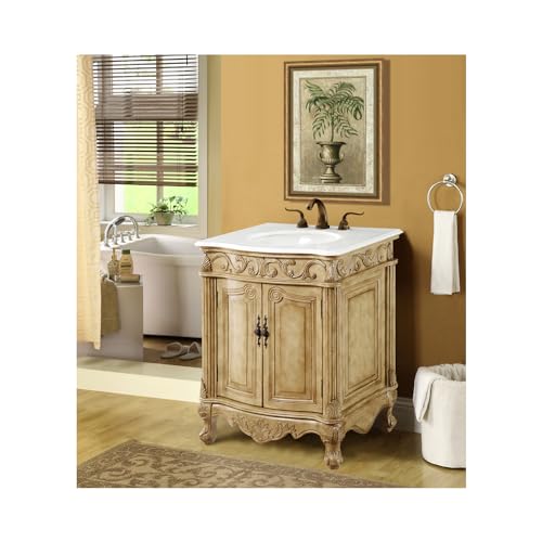 Elegant Kitchen and Bath VF-1002-VW 27 inch Single Bathroom Vanity in Antique Beige with Ivory White Engineered Marble