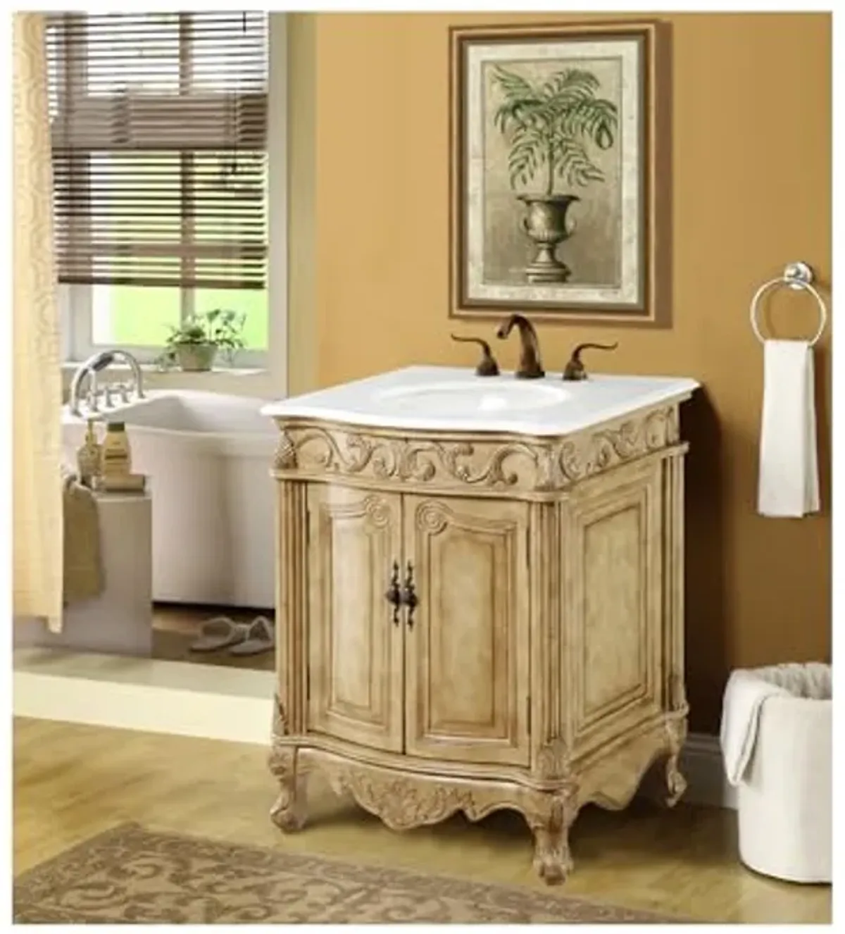 Elegant Kitchen and Bath VF-1002-VW 27 inch Single Bathroom Vanity in Antique Beige with Ivory White Engineered Marble