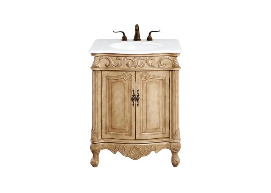 Elegant Kitchen and Bath VF-1002-VW 27 inch Single Bathroom Vanity in Antique Beige with Ivory White Engineered Marble