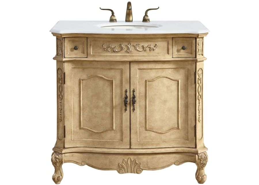 Elegant Kitchen and Bath VF10136AB-VW 36 inch Single Bathroom Vanity in Antique Beige with Ivory White Engineered Marble