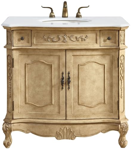 Elegant Kitchen and Bath VF10136AB-VW 36 inch Single Bathroom Vanity in Antique Beige with Ivory White Engineered Marble