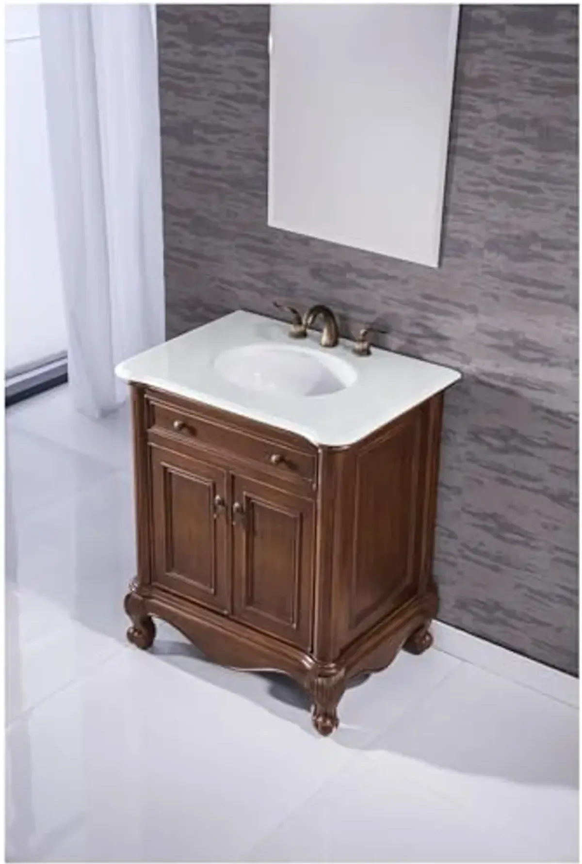 Elegant Kitchen and Bath VF-1032-VW 30 inch Single Bathroom Vanity in Teak Color with Ivory White Engineered Marble