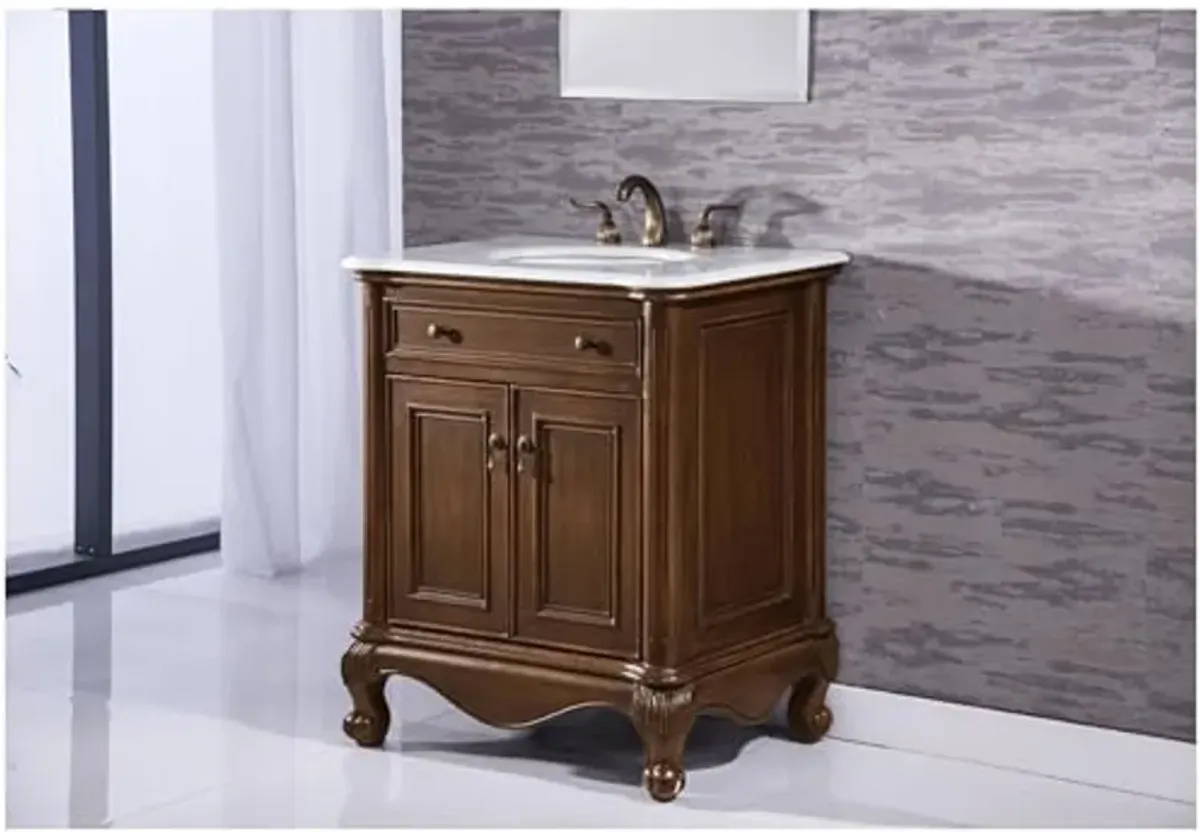 Elegant Kitchen and Bath VF-1032-VW 30 inch Single Bathroom Vanity in Teak Color with Ivory White Engineered Marble