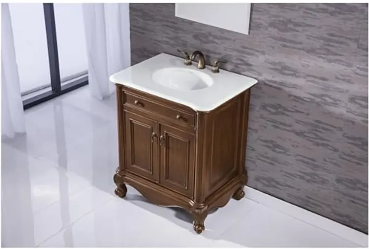 Elegant Kitchen and Bath VF-1032-VW 30 inch Single Bathroom Vanity in Teak Color with Ivory White Engineered Marble