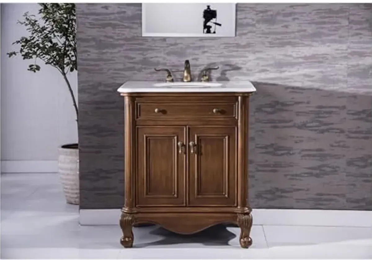 Elegant Kitchen and Bath VF-1032-VW 30 inch Single Bathroom Vanity in Teak Color with Ivory White Engineered Marble