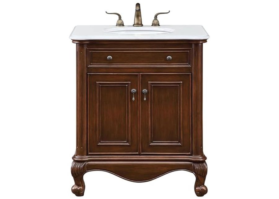 Elegant Kitchen and Bath VF-1032-VW 30 inch Single Bathroom Vanity in Teak Color with Ivory White Engineered Marble