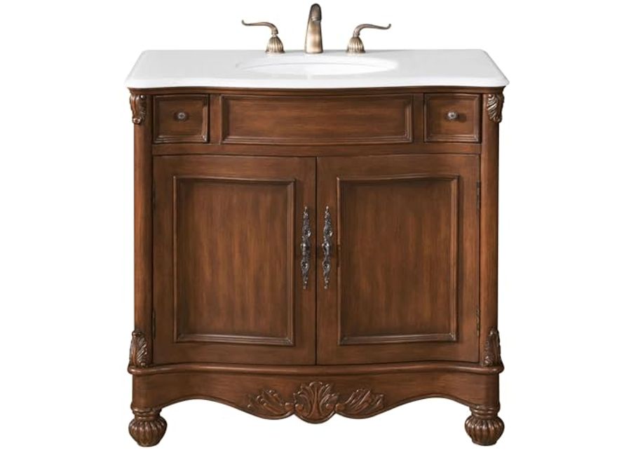 Elegant Kitchen and Bath VF-1047-VW 36 inch Single Bathroom Vanity in Brown with Ivory White Engineered Marble